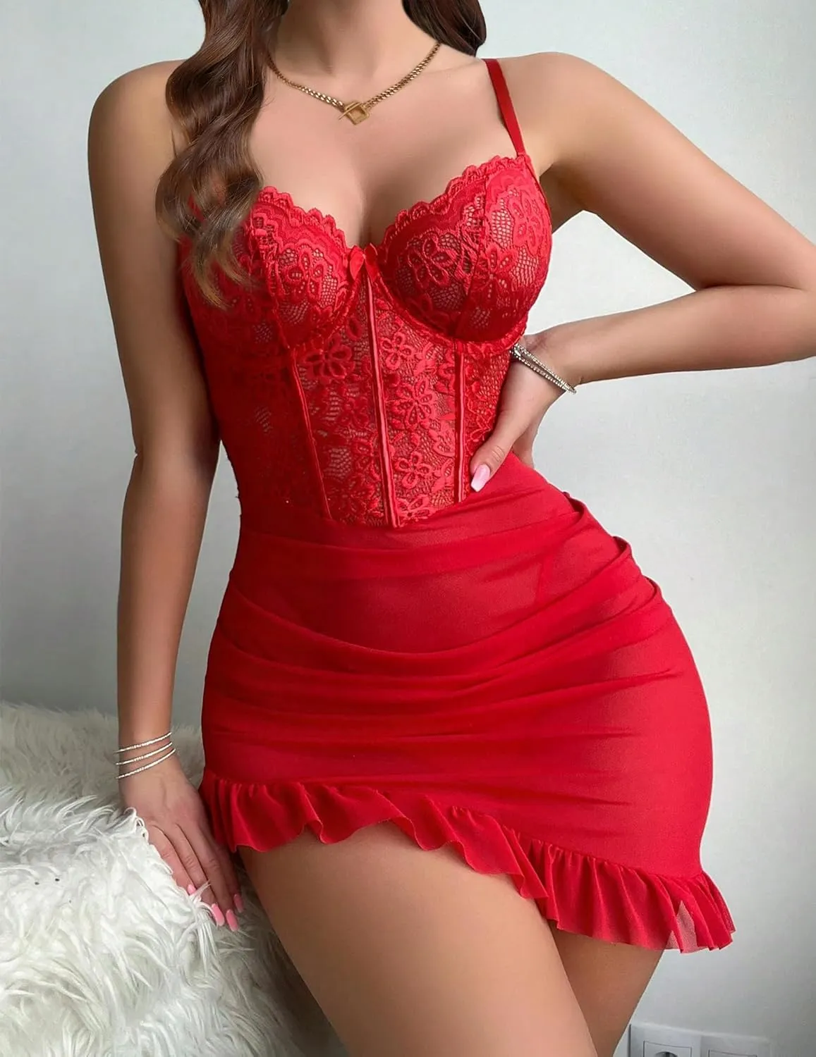 Sexy Lingerie for Women Mesh Babydoll Dress with Underwire Push Up Bra Lace Chemise Ruffle Hem Sleepwear