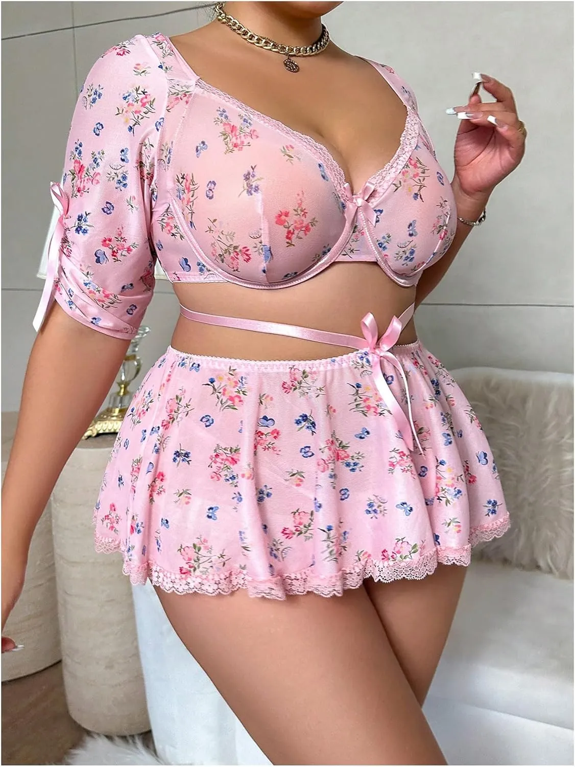 SHENHE Women's Plus Size 3 Piece Lingerie Set Cute Floral Bowknot Babydoll Lingerie Skirt Set