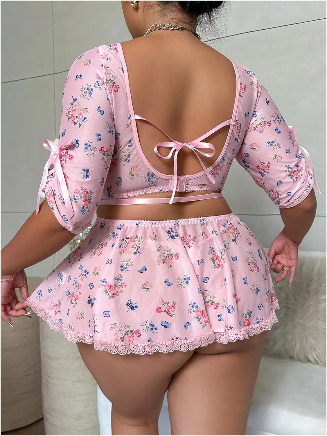 SHENHE Women's Plus Size 3 Piece Lingerie Set Cute Floral Bowknot Babydoll Lingerie Skirt Set
