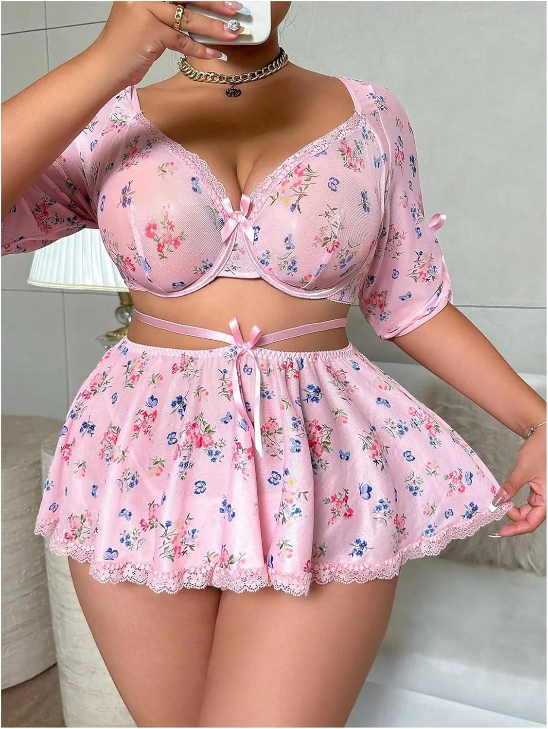 SHENHE Women's Plus Size 3 Piece Lingerie Set Cute Floral Bowknot Babydoll Lingerie Skirt Set