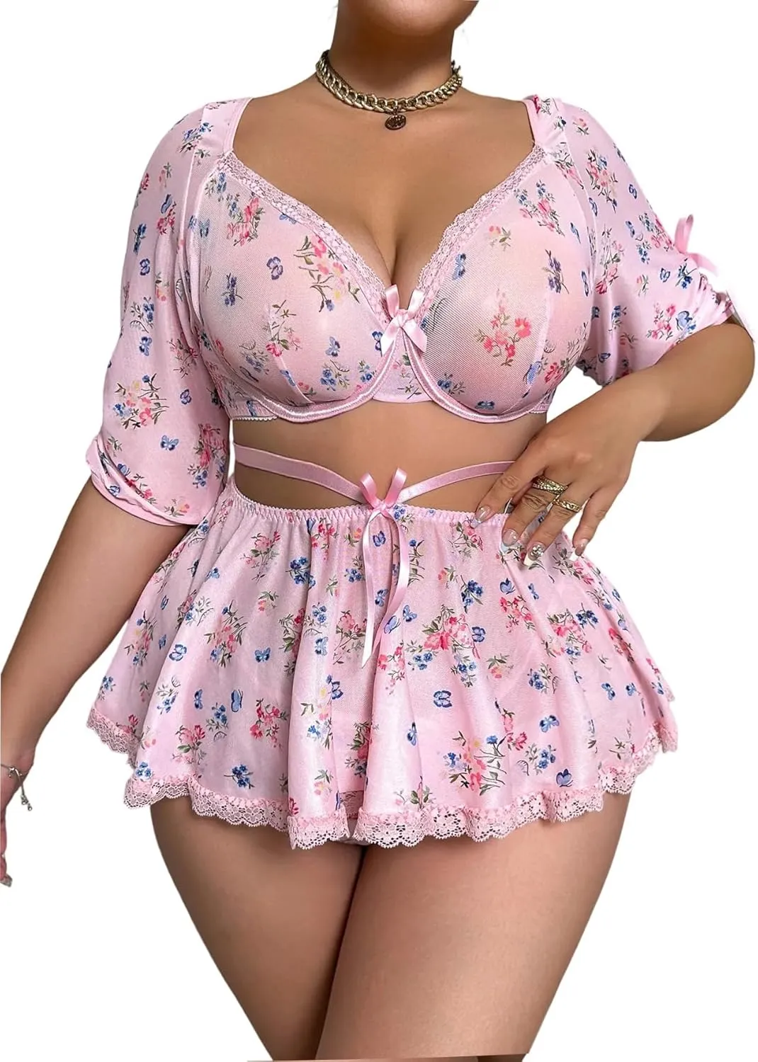 SHENHE Women's Plus Size 3 Piece Lingerie Set Cute Floral Bowknot Babydoll Lingerie Skirt Set