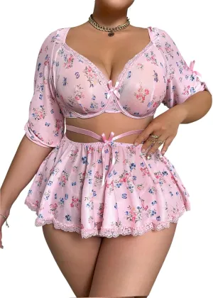 SHENHE Women's Plus Size 3 Piece Lingerie Set Cute Floral Bowknot Babydoll Lingerie Skirt Set