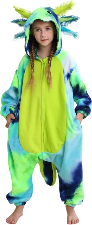 SimZoo Kids Animal Pajamas, 3-13 Years Boy and Girls Tie Dye Axolotl Blue Green Cosplay Costume Sleepwear, One-Piece Unisex Homewear