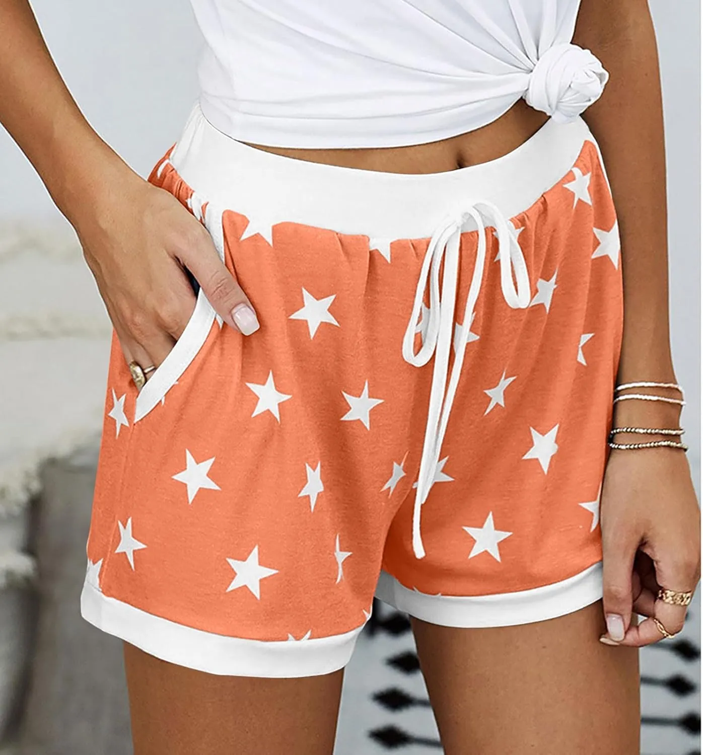 Sinzelimin Womens Pajama Shorts Fashion Star Print Stretch High Waist Lace up PJ's Shorts Summer Casual Sport Short Sweatpant