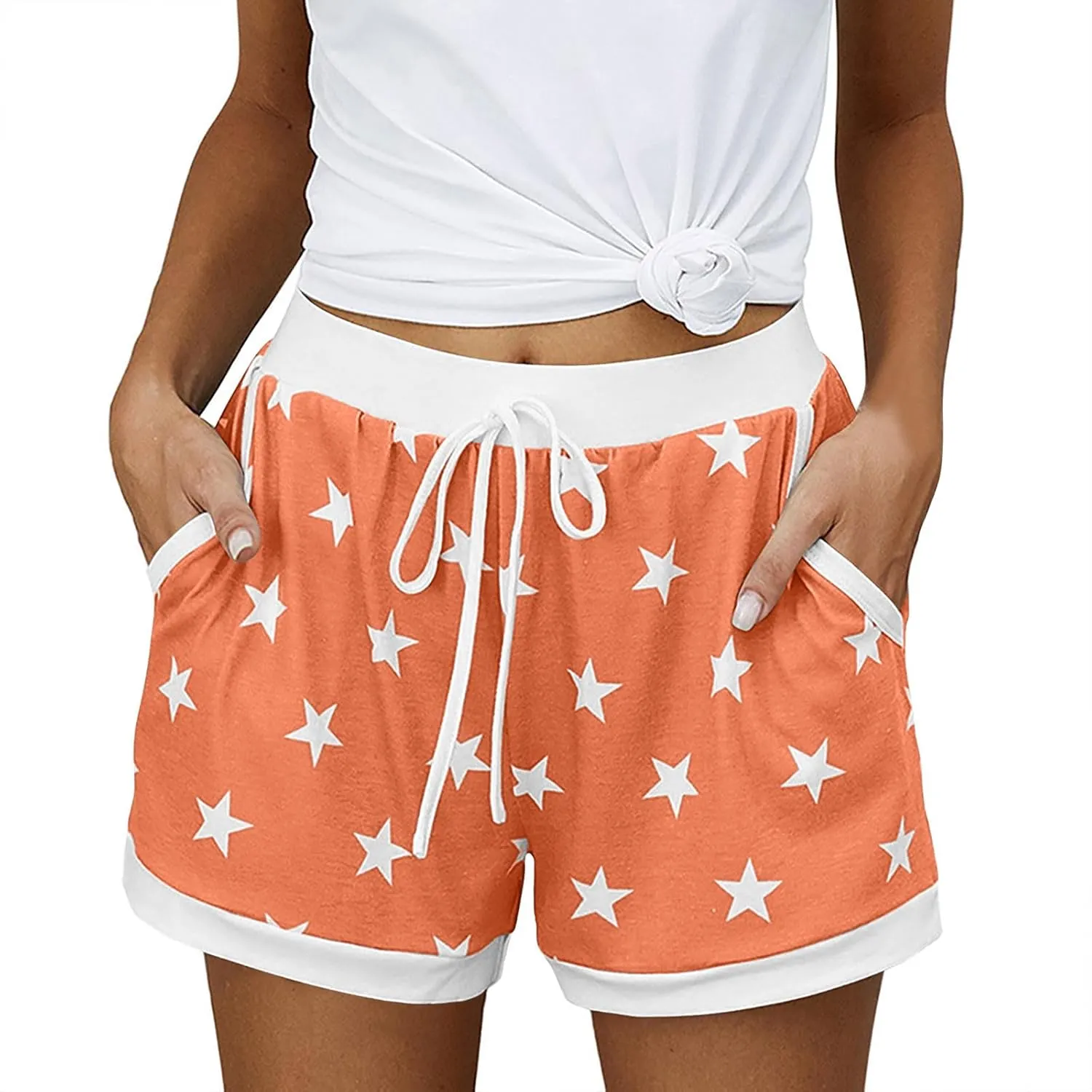 Sinzelimin Womens Pajama Shorts Fashion Star Print Stretch High Waist Lace up PJ's Shorts Summer Casual Sport Short Sweatpant