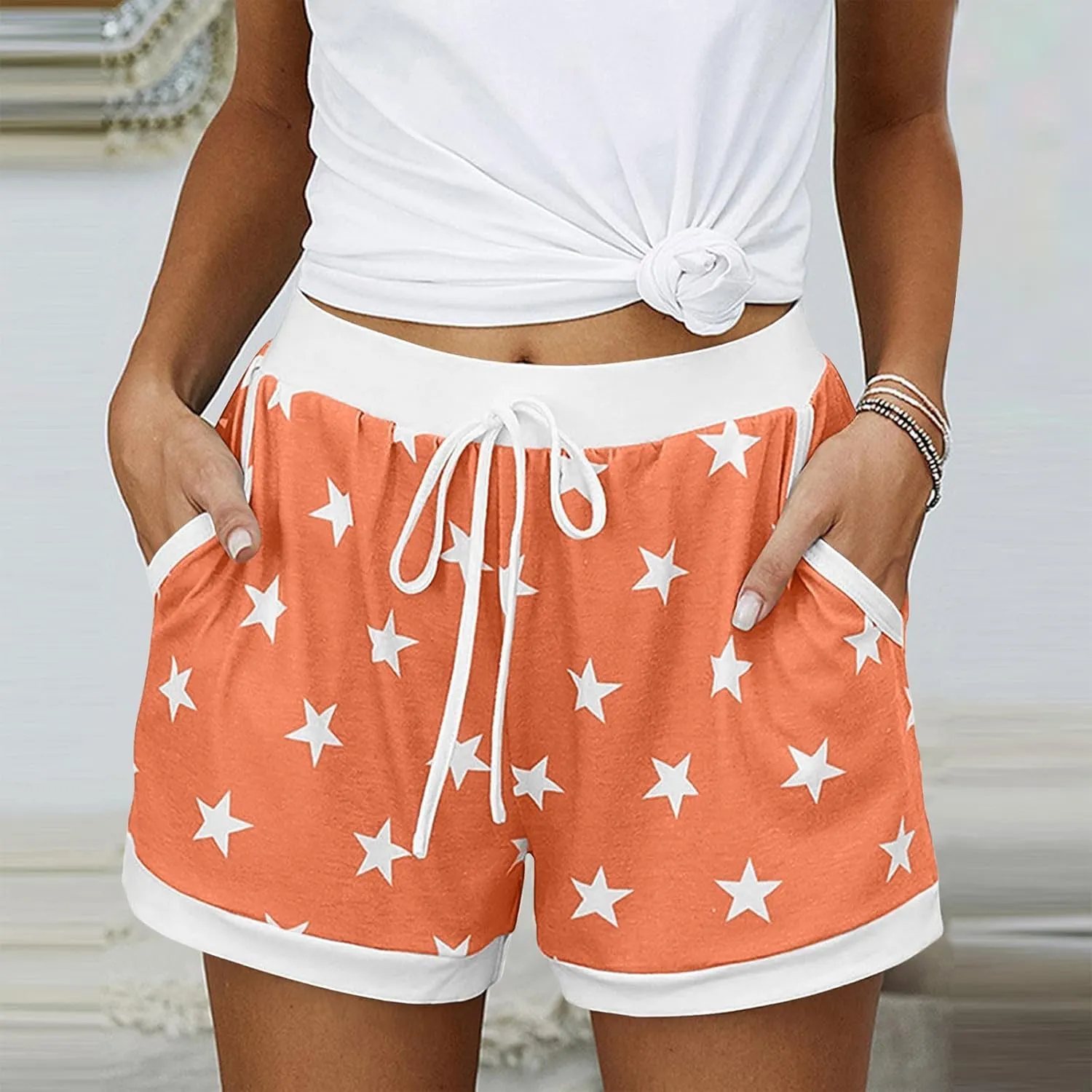 Sinzelimin Womens Pajama Shorts Fashion Star Print Stretch High Waist Lace up PJ's Shorts Summer Casual Sport Short Sweatpant