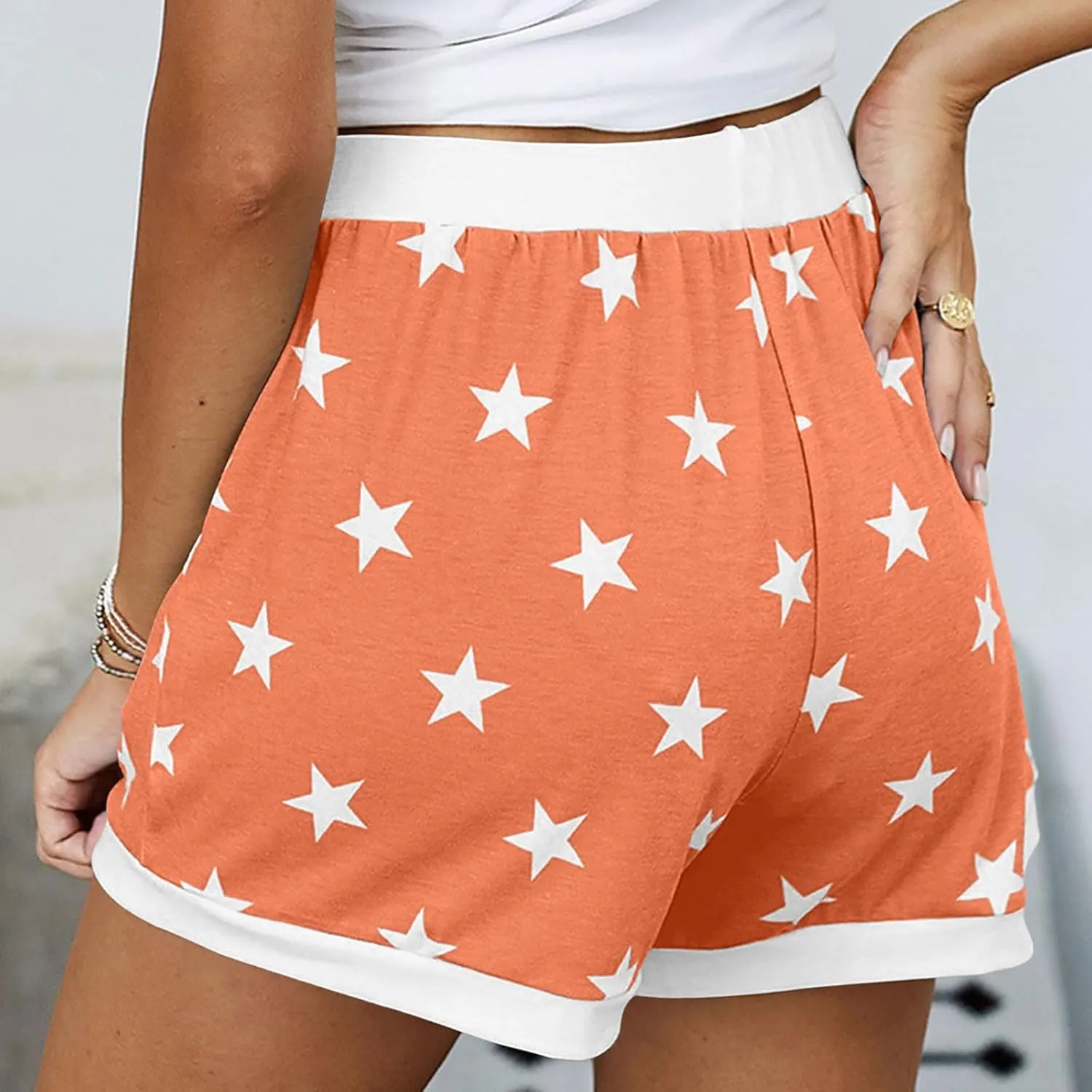 Sinzelimin Womens Pajama Shorts Fashion Star Print Stretch High Waist Lace up PJ's Shorts Summer Casual Sport Short Sweatpant