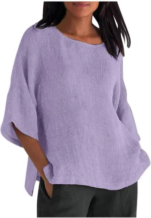 SMIDOW Women 3/4 Length Sleeve Cotton Linen Tops Casual Loose Fit Summer Blouses Pullover Round Neck Cute Shirt Tshirts