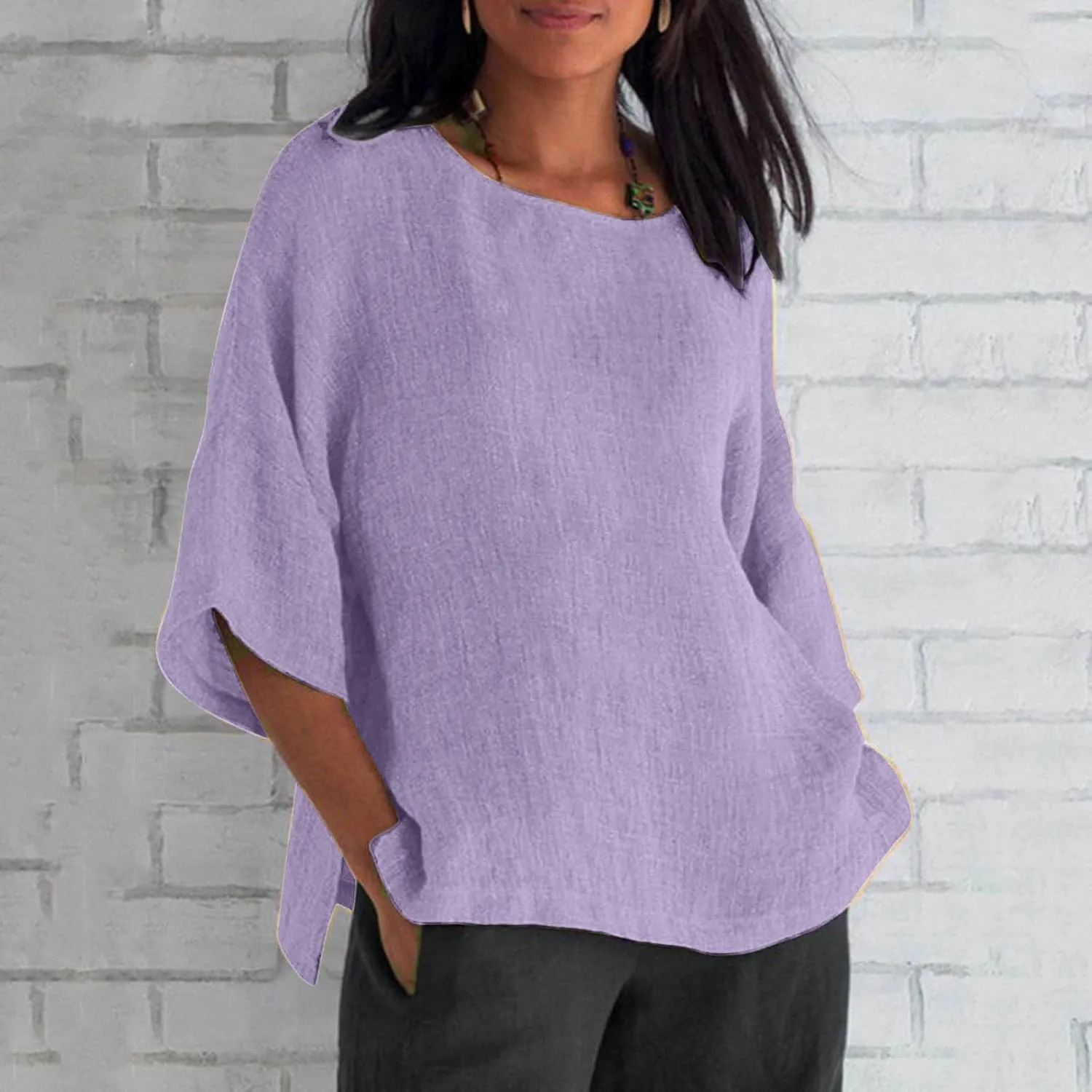 SMIDOW Women 3/4 Length Sleeve Cotton Linen Tops Casual Loose Fit Summer Blouses Pullover Round Neck Cute Shirt Tshirts