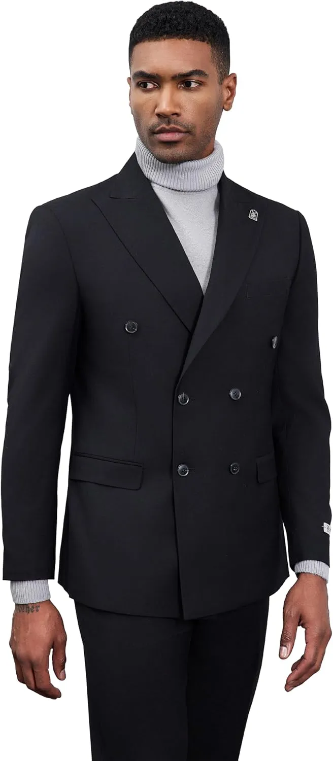 STACY ADAMS Suits 3pc Suit Set,Double Breasted Jacket Vest and Dress Pants,Hybrid-Fit Suits