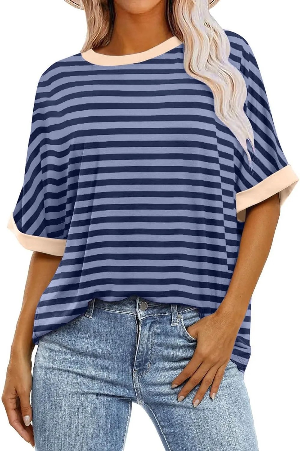 Striped Shirt Women Women's Fashion Half Sleeve Tshirts Shirts Summer Crewneck Workout Tops Casual 2025 Trendy