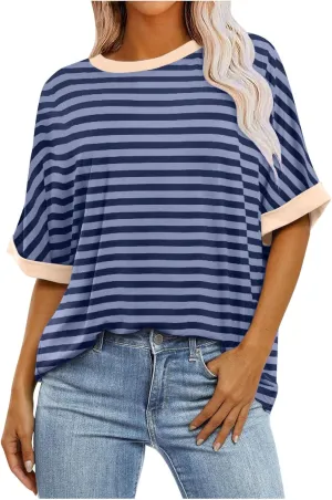 Striped Shirt Women Women's Fashion Half Sleeve Tshirts Shirts Summer Crewneck Workout Tops Casual 2025 Trendy