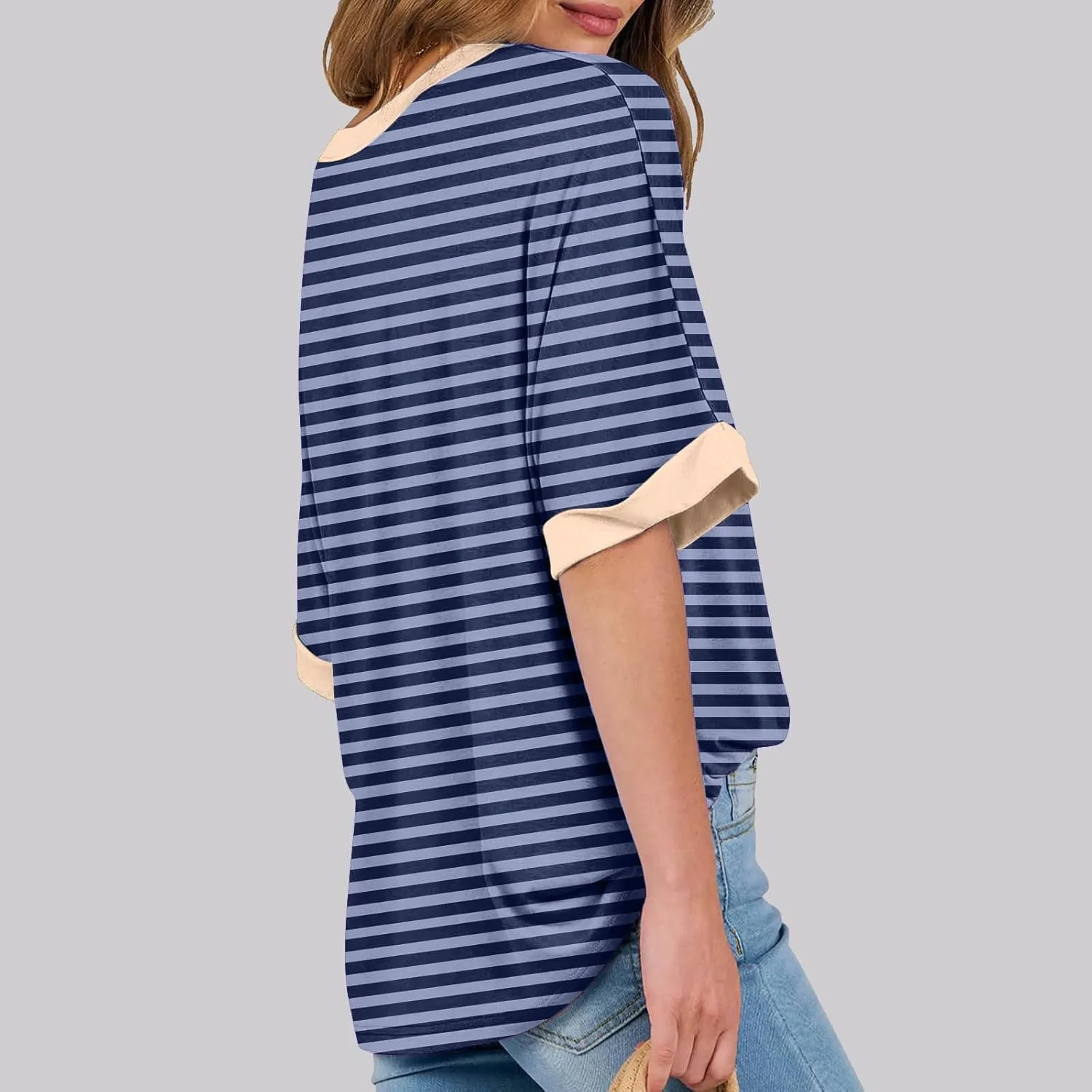 Striped Shirt Women Women's Fashion Half Sleeve Tshirts Shirts Summer Crewneck Workout Tops Casual 2025 Trendy