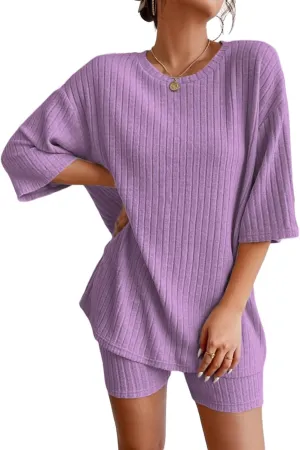 Summer Pajamas for Women Ribbed Knit Lounge Sets 2 Piece T-Shirt Biker Shorts Sleepwear Loungewear