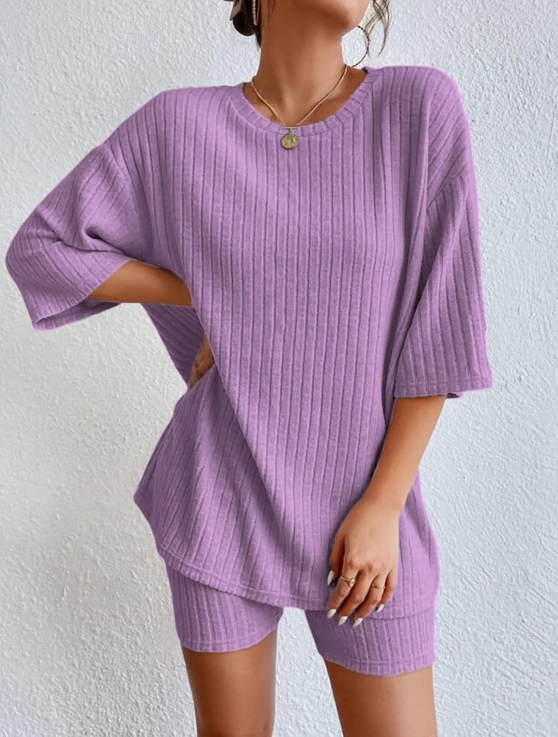 Summer Pajamas for Women Ribbed Knit Lounge Sets 2 Piece T-Shirt Biker Shorts Sleepwear Loungewear
