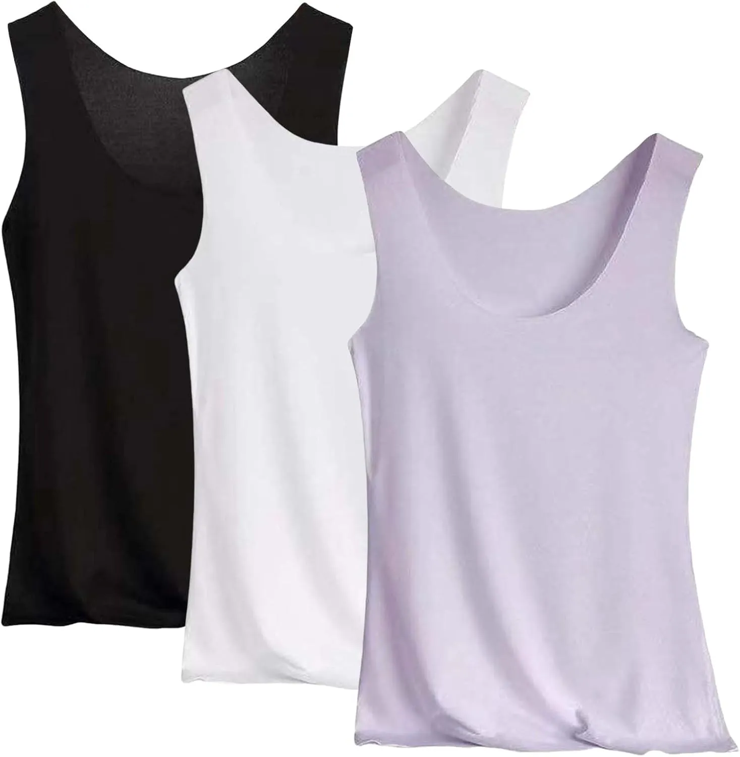 Summer Tank Tops for Women 3pcs Loose Fit Pleated Square Neck Sleeveless Tops Curved Hem Flowy