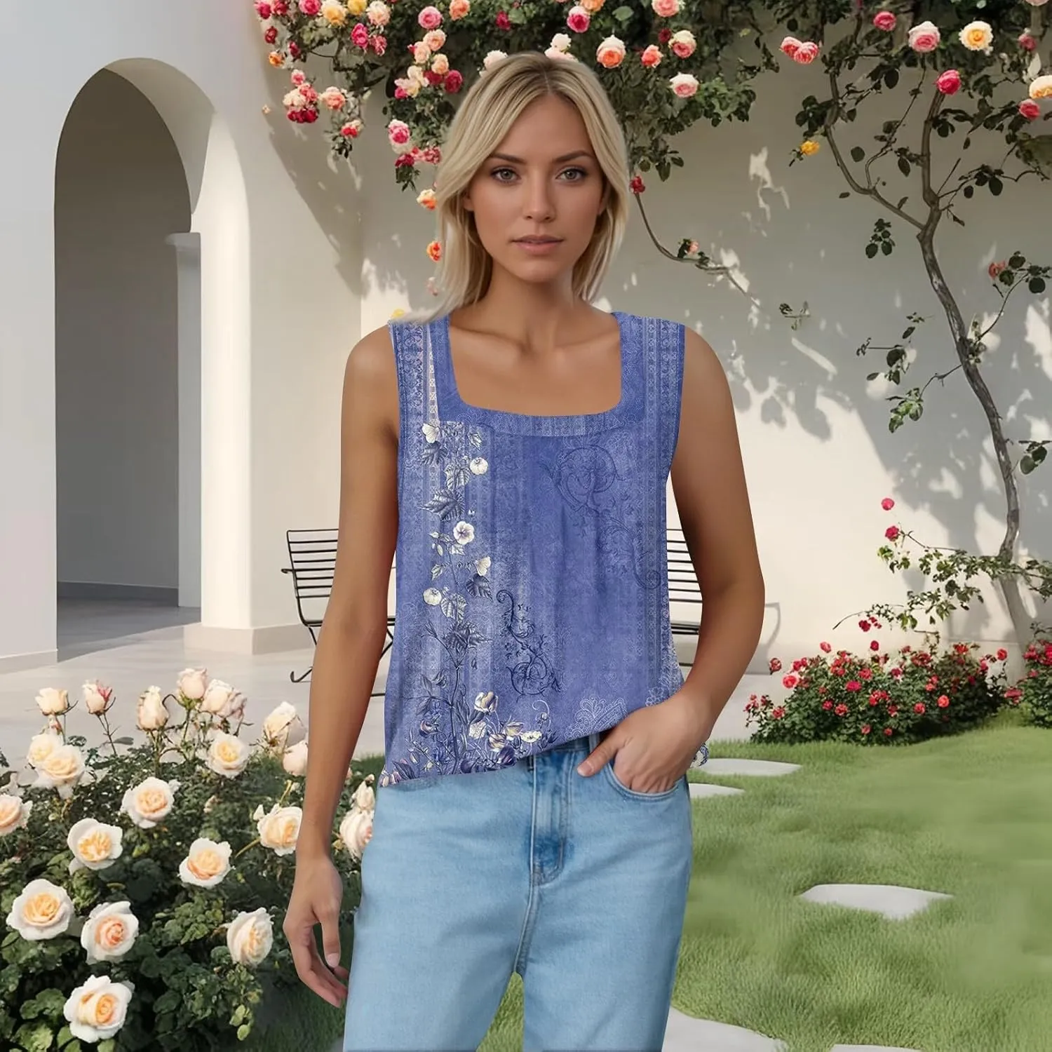 Summer Tank Tops for Women Pleated Square Neck Sleeveless Shirts Casual Printed Loose Fit Trendy Blouses