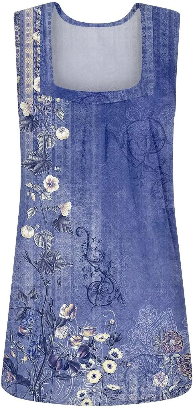 Summer Tank Tops for Women Pleated Square Neck Sleeveless Shirts Casual Printed Loose Fit Trendy Blouses