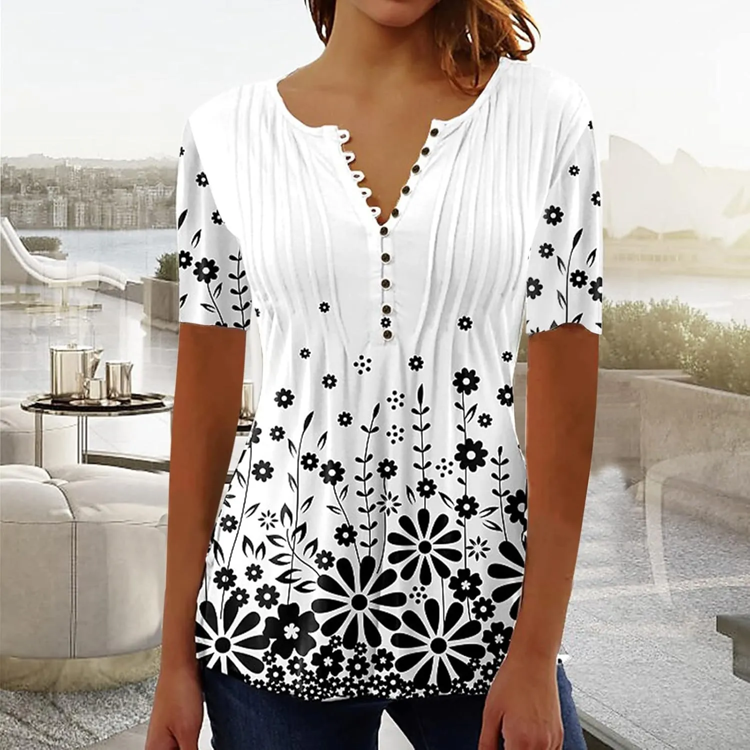 Summer Tops for Women 2025 Trendy Boho Floral Shirts Short Sleeve V Neck T-Shirt Graphic Tees Blouse