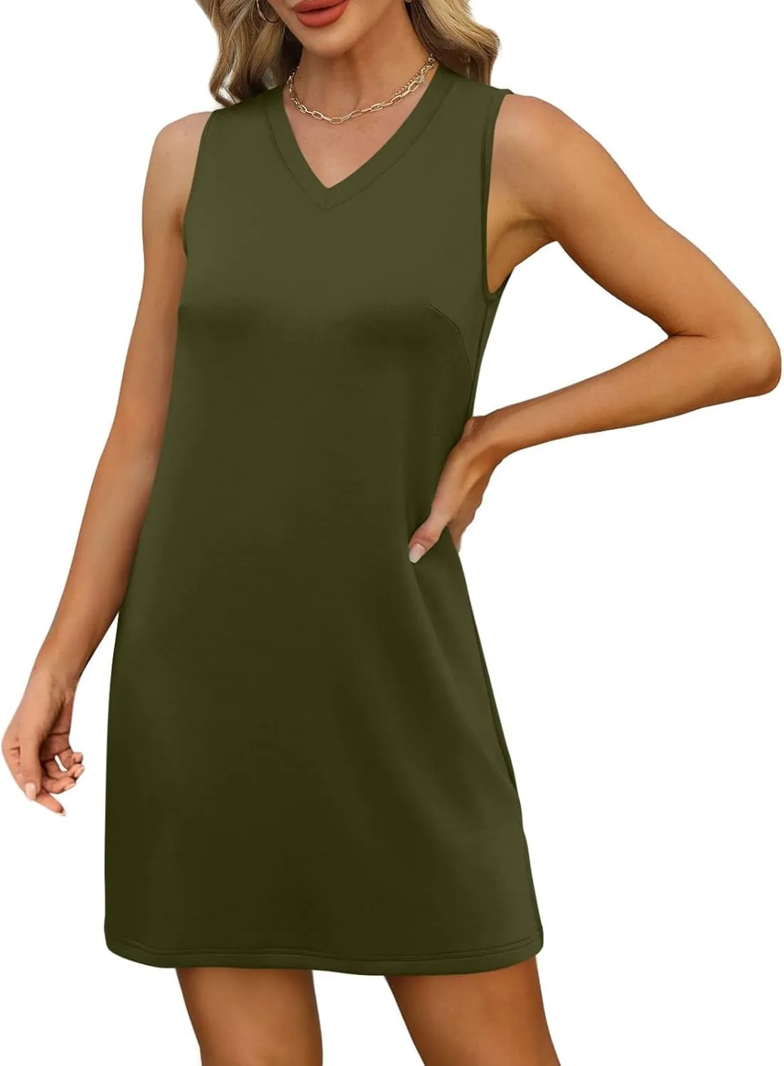 Summer Tunic Dress for Women Sleeveless Above-Knee Loungewear Shirt, Casual V Neck Shift Tshirt Dress with Side Slit