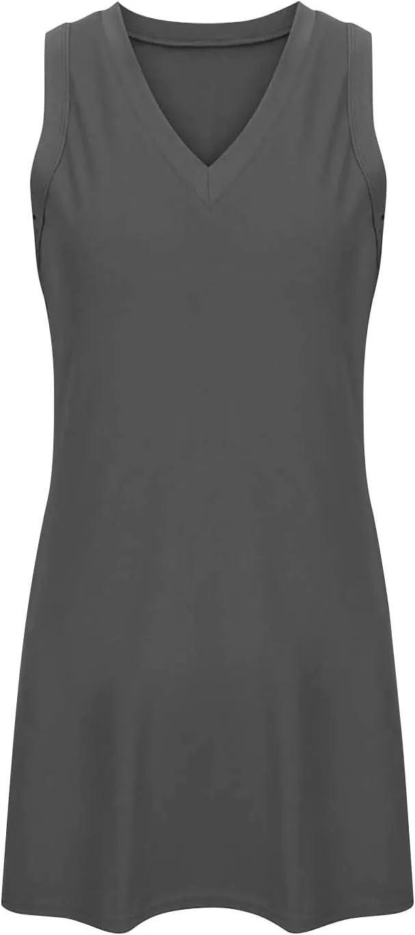 Summer Tunic Dress for Women Sleeveless Above-Knee Loungewear Shirt, Casual V Neck Shift Tshirt Dress with Side Slit