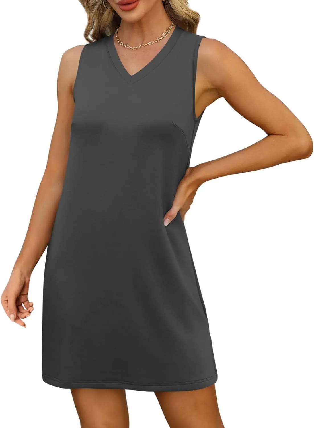 Summer Tunic Dress for Women Sleeveless Above-Knee Loungewear Shirt, Casual V Neck Shift Tshirt Dress with Side Slit