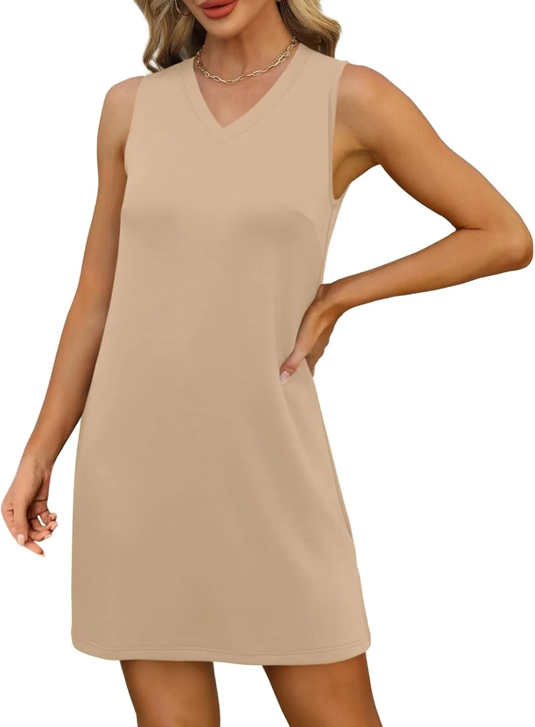 Summer Tunic Dress for Women Sleeveless Above-Knee Loungewear Shirt, Casual V Neck Shift Tshirt Dress with Side Slit