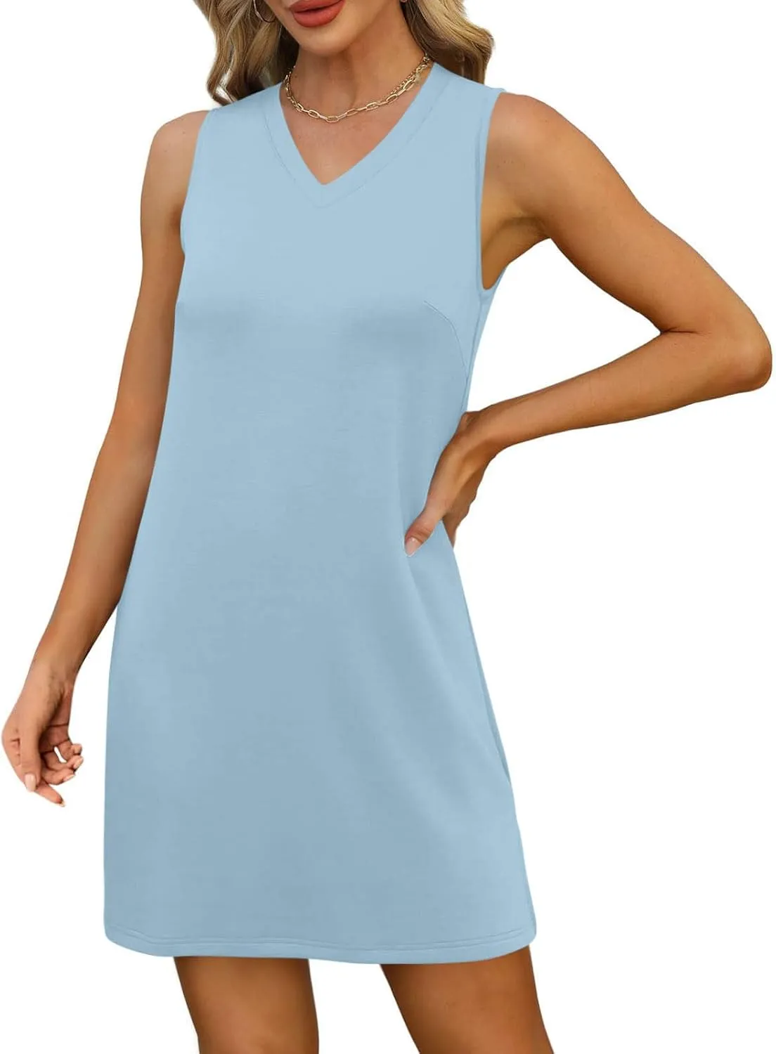 Summer Tunic Dress for Women Sleeveless Above-Knee Loungewear Shirt, Casual V Neck Shift Tshirt Dress with Side Slit
