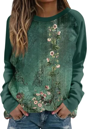 Sweatshirts for Women Crewneck Long Sleeve Vintage Sweatshirt Floral Print Oversized Basics Clothes Clothing