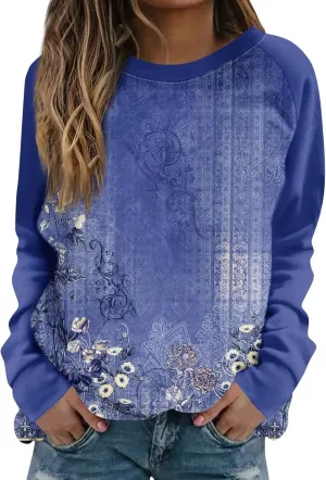 Sweatshirts for Women Crewneck Long Sleeve Vintage Sweatshirt Floral Print Oversized Basics Clothes Clothing