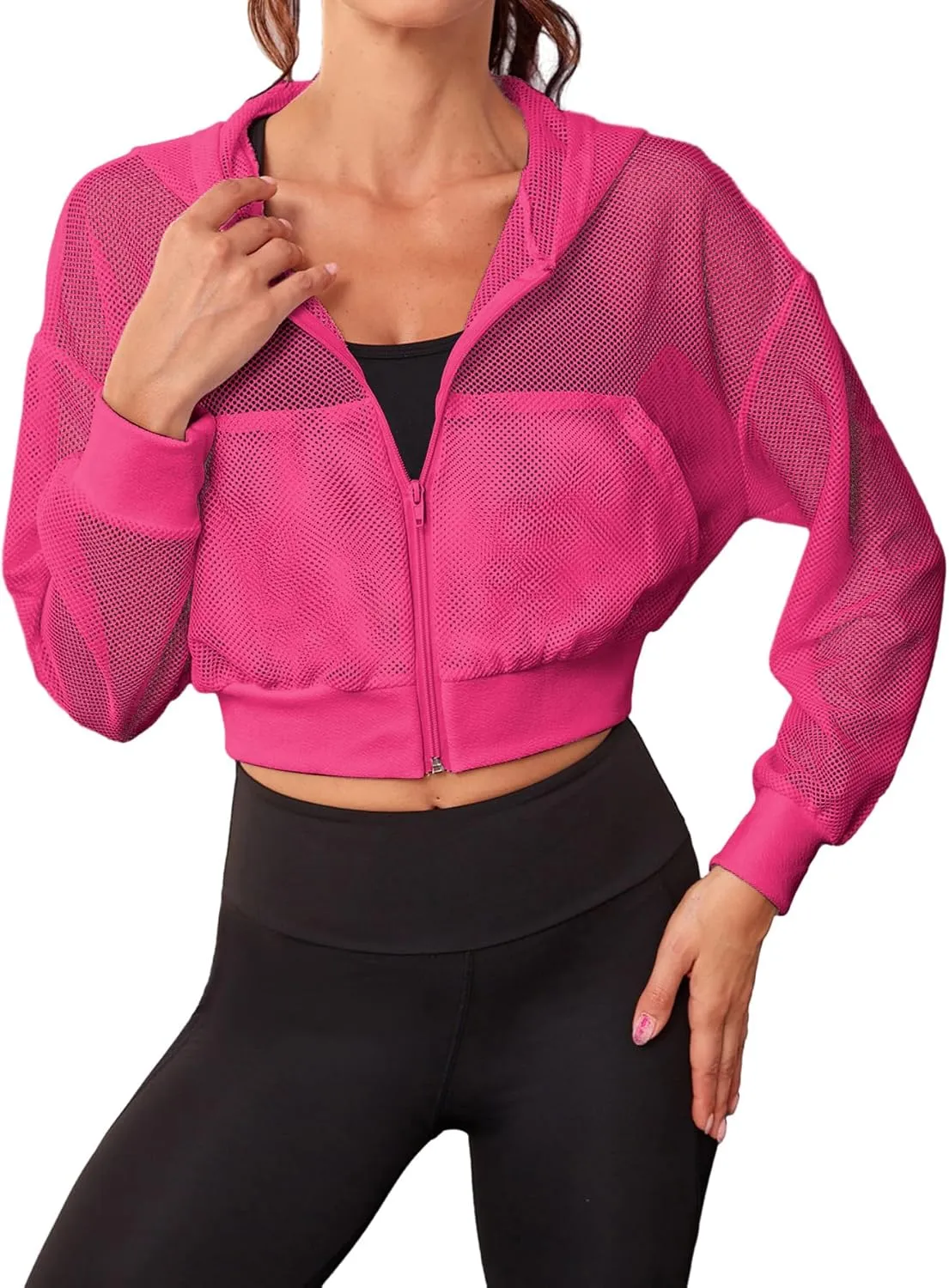 SweatyRocks Women's Activewear Hollow Out Mesh Full Zip Hoodie Jacket Crop Top with Pockets