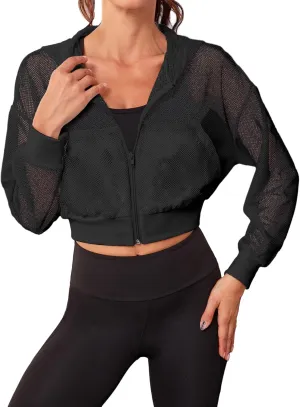 SweatyRocks Women's Activewear Hollow Out Mesh Full Zip Hoodie Jacket Crop Top with Pockets