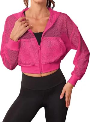 SweatyRocks Women's Activewear Hollow Out Mesh Full Zip Hoodie Jacket Crop Top with Pockets