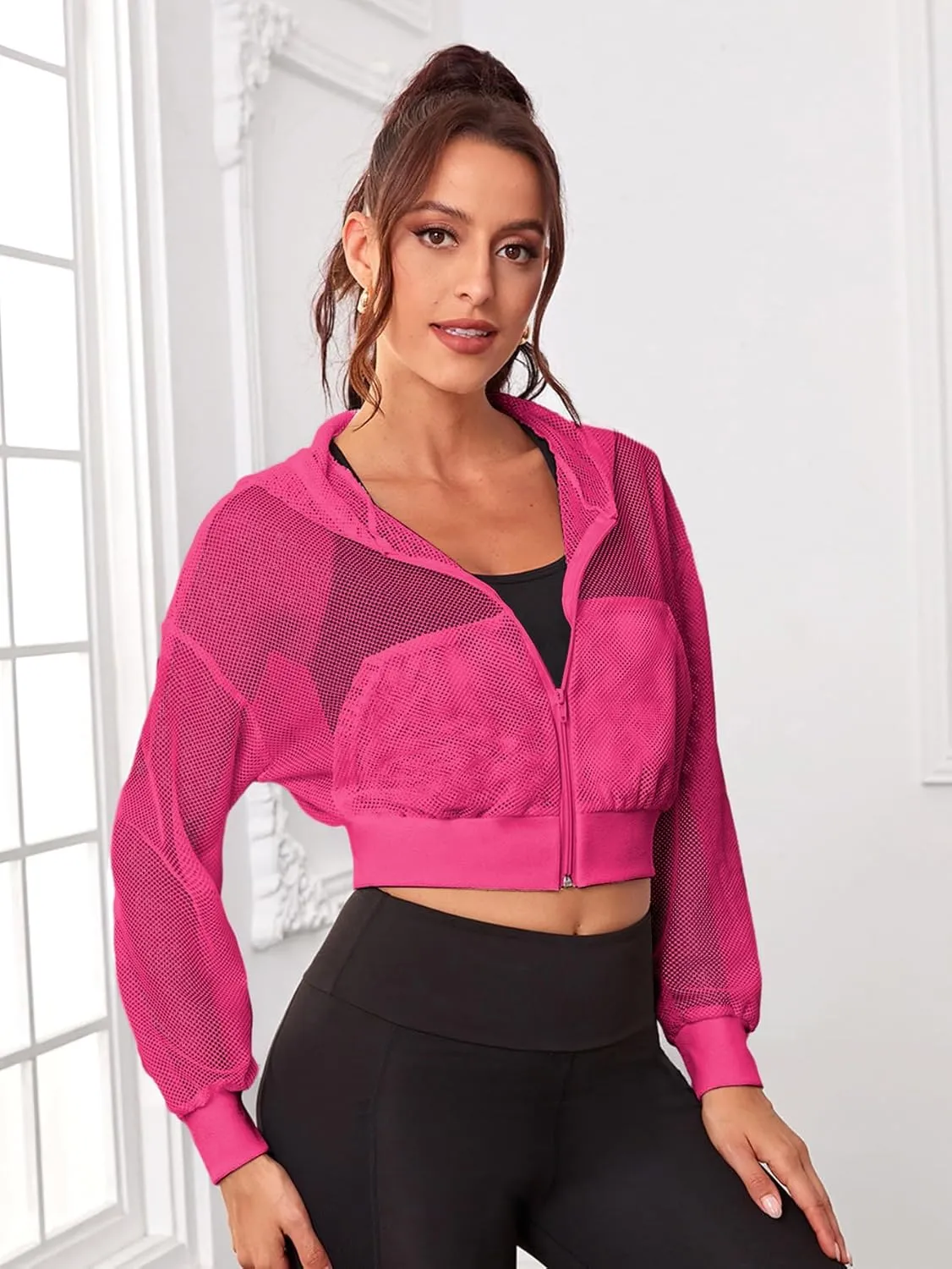 SweatyRocks Women's Activewear Hollow Out Mesh Full Zip Hoodie Jacket Crop Top with Pockets