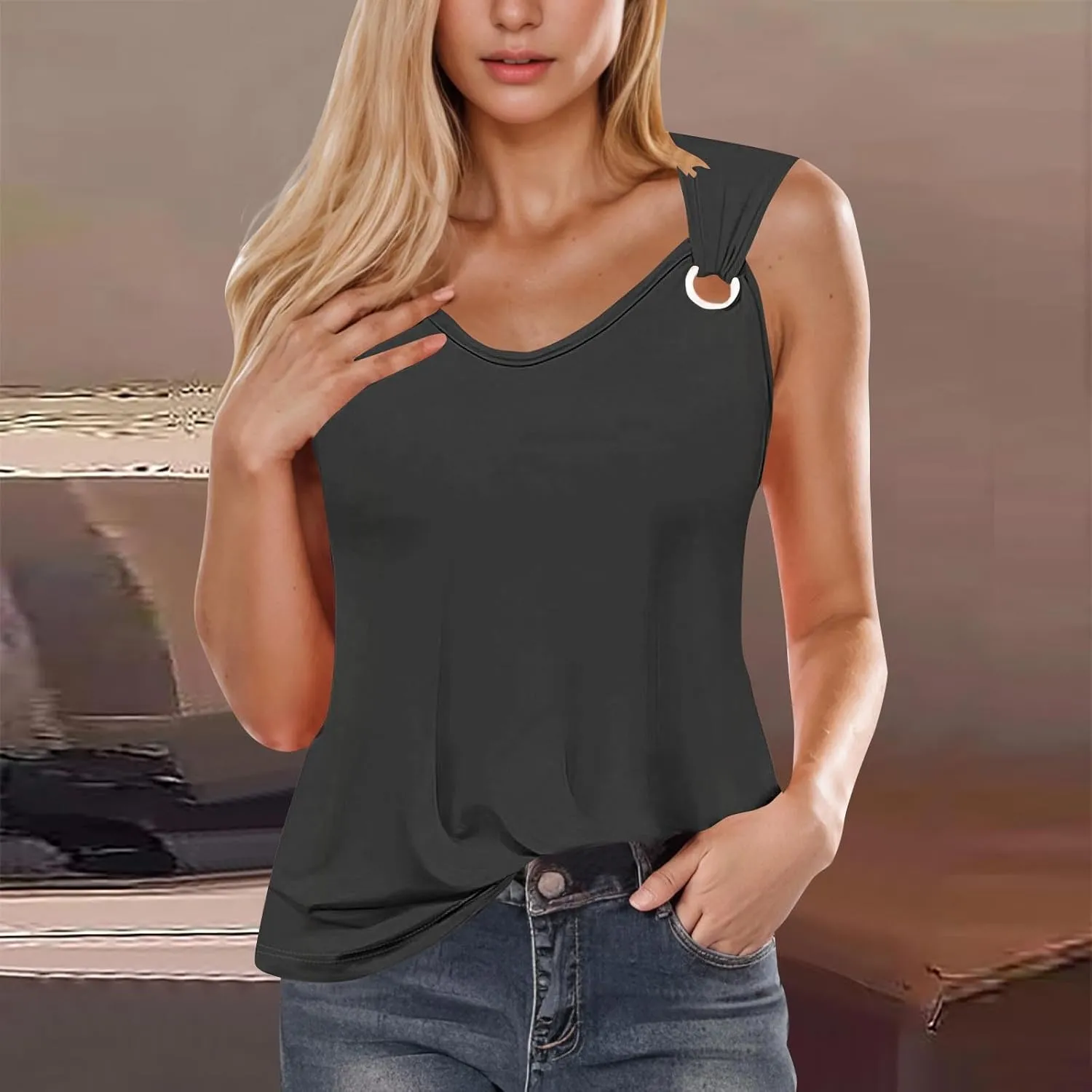 Tank Top for Women 2025 Dressy Casual Summer V Neck Sleeveless Camisole Ring Straps Loose Fit Workout Basic Shirts