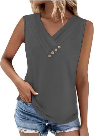 Tank Top for Women Summer Fashion Button V Neck Sleeveless Pleated Tee Shirts Casual Loose Fit Business Work Blouse