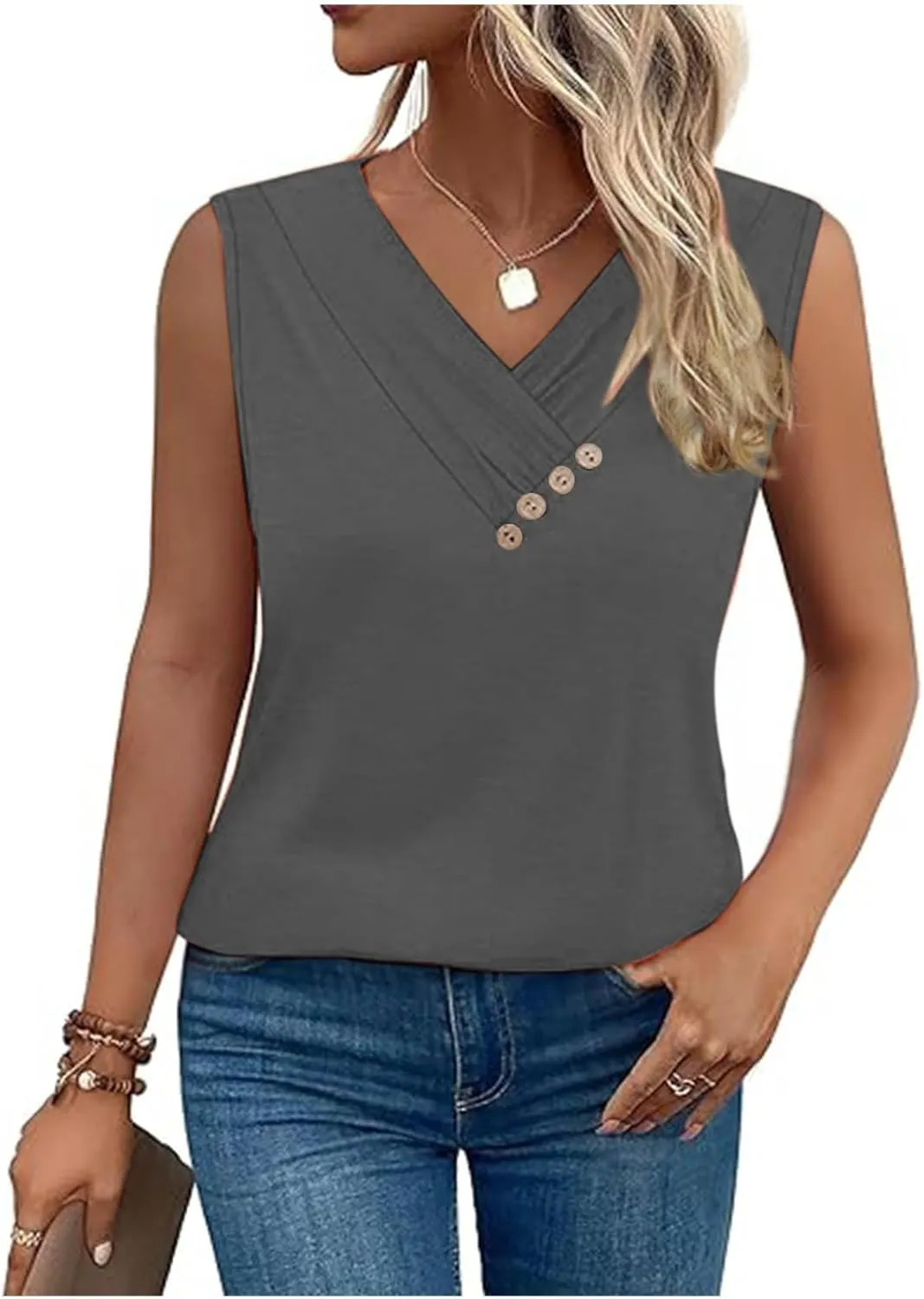 Tank Top for Women Summer Fashion Button V Neck Sleeveless Pleated Tee Shirts Casual Loose Fit Business Work Blouse