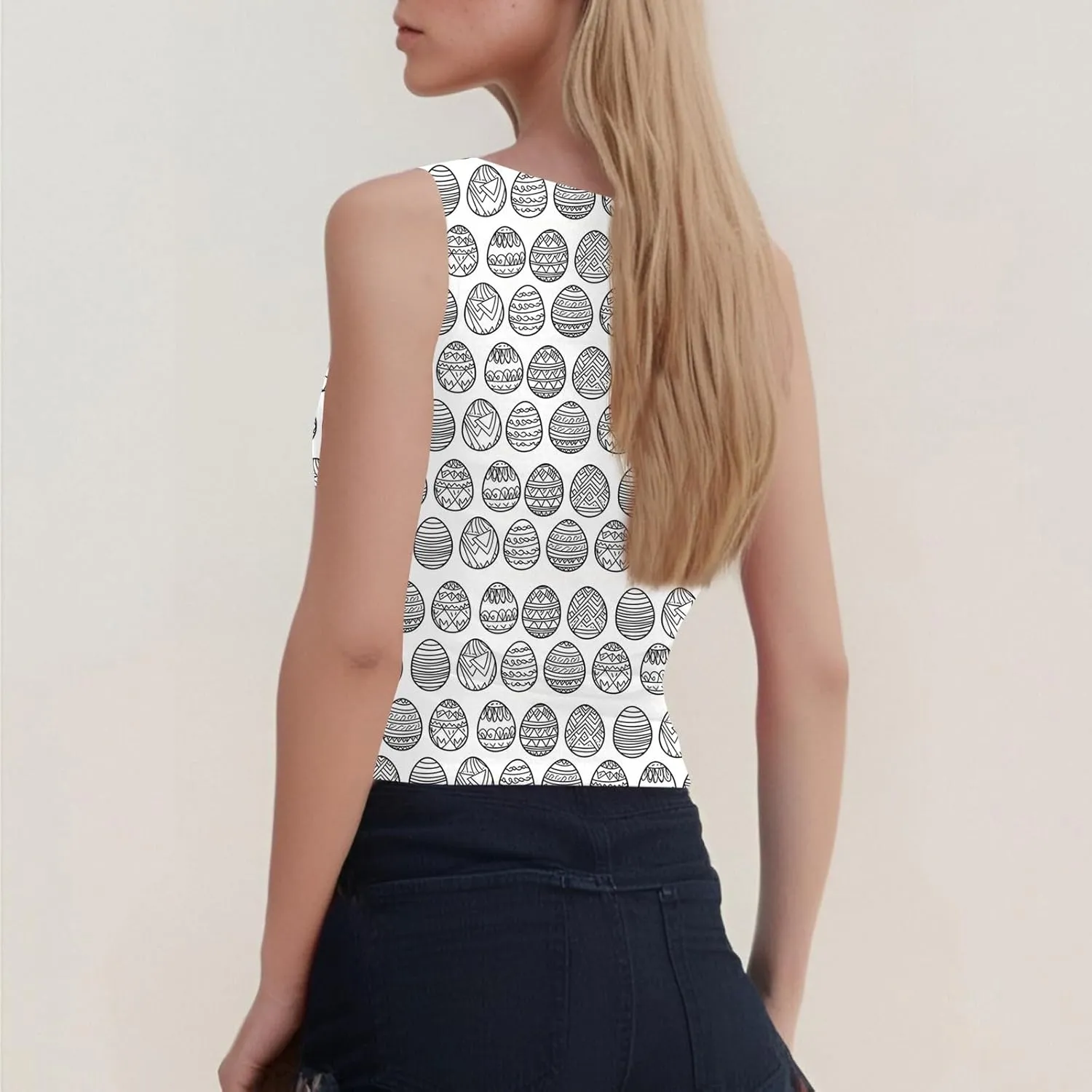 Tank Tops for Women 2025 Cute Egg and Bunny Print Round Neck Easter Shirts Slim Sleeveless Camisole Summer Outfits