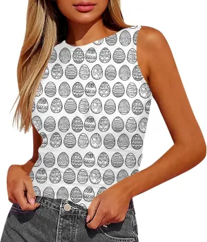 Tank Tops for Women 2025 Cute Egg and Bunny Print Round Neck Easter Shirts Slim Sleeveless Camisole Summer Outfits