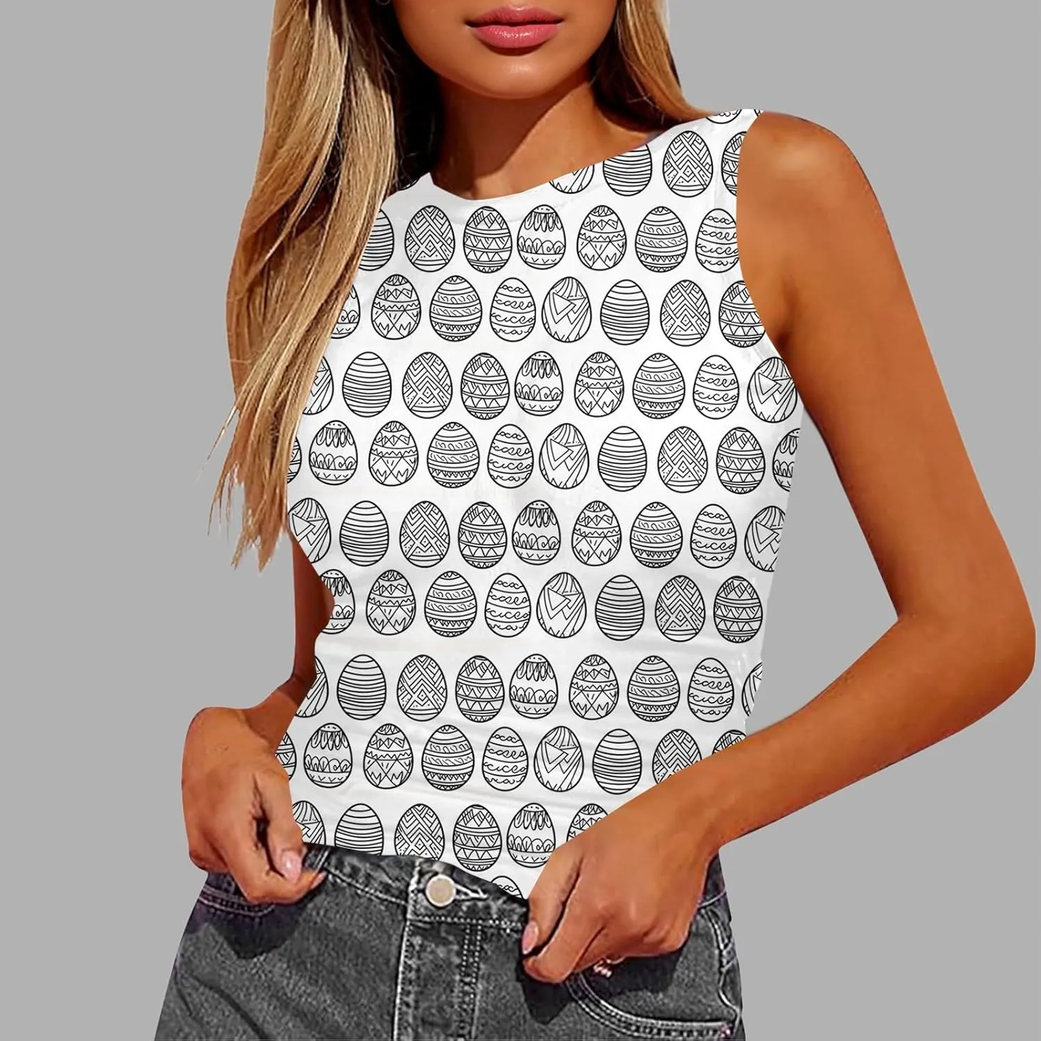 Tank Tops for Women 2025 Cute Egg and Bunny Print Round Neck Easter Shirts Slim Sleeveless Camisole Summer Outfits