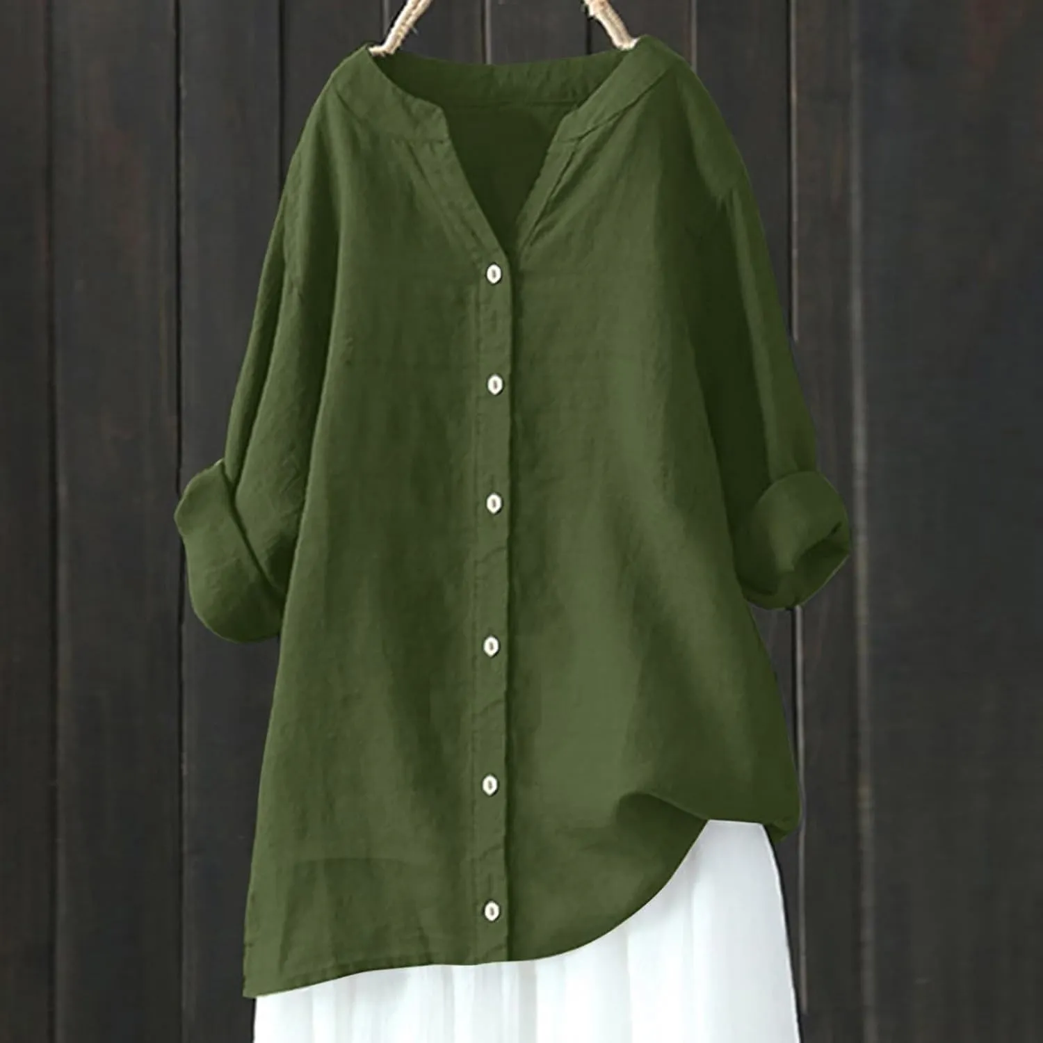 Tops for Women Trendy Long Sleeve Oversized Tshirts Button Down V Neck Linen Ladies Tops and Blouses Summer Outfits