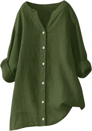 Tops for Women Trendy Long Sleeve Oversized Tshirts Button Down V Neck Linen Ladies Tops and Blouses Summer Outfits