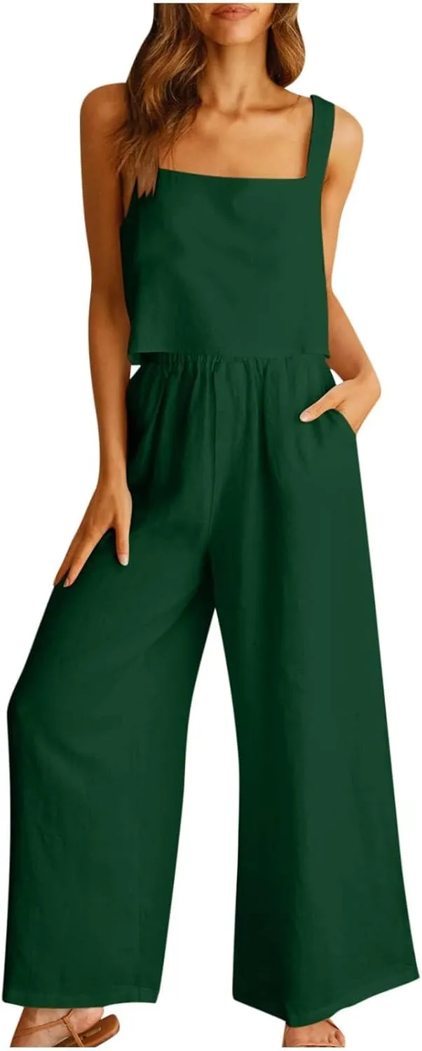Travel Outfits for Women 2 Piece Sets Linen Sleeveless Tank Tops Matching Wide Leg Lounge Set Beach Vacation Sets