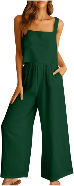 Travel Outfits for Women 2 Piece Sets Linen Sleeveless Tank Tops Matching Wide Leg Lounge Set Beach Vacation Sets