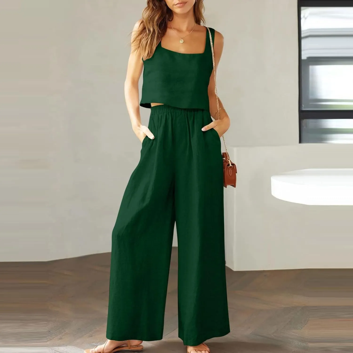 Travel Outfits for Women 2 Piece Sets Linen Sleeveless Tank Tops Matching Wide Leg Lounge Set Beach Vacation Sets