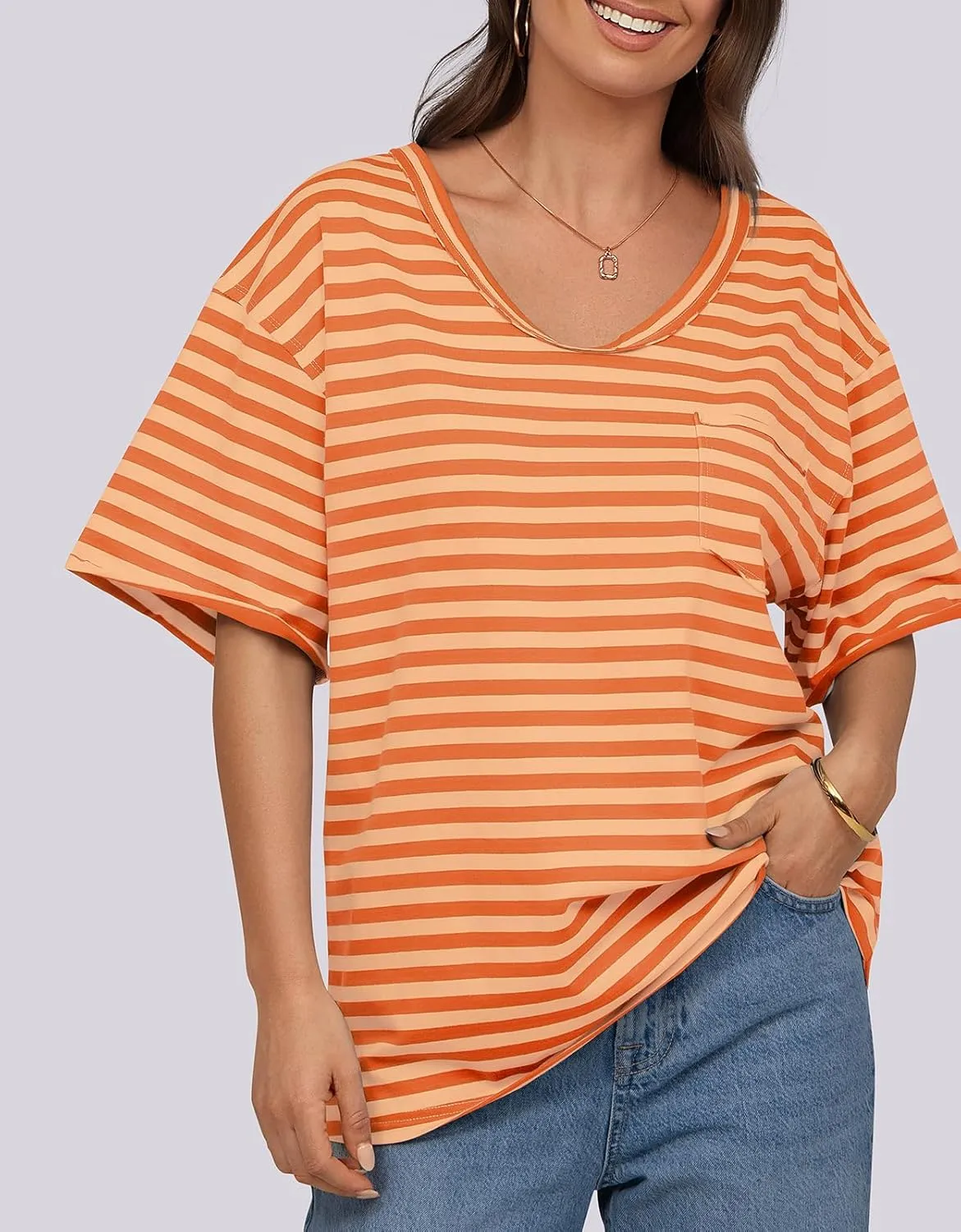 UEU Women Oversized Striped T Shirts Summer V Neck Short Sleeve Cotton Casual Loose Tops Tee Tshirts Trendy Fashion Clothes