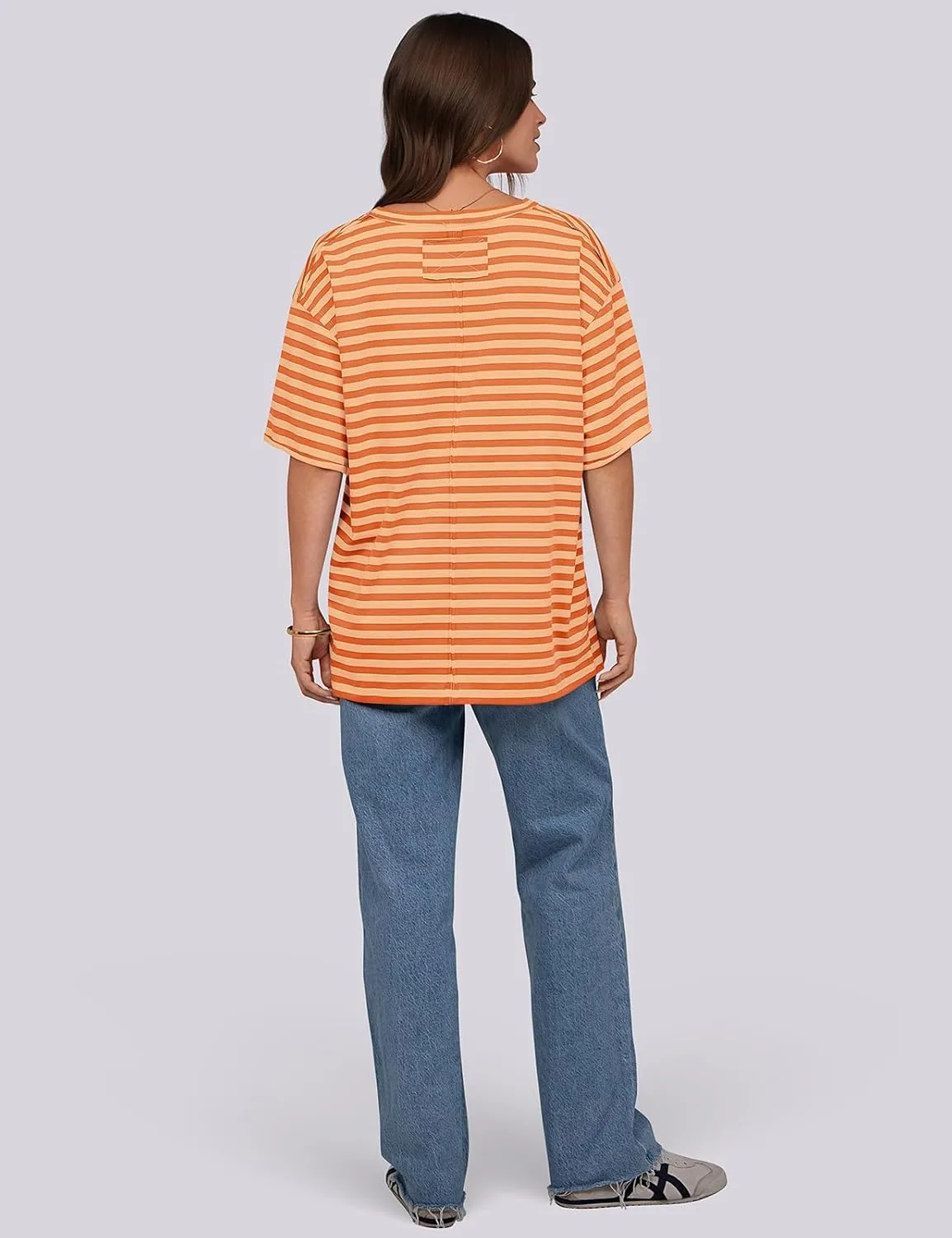 UEU Women Oversized Striped T Shirts Summer V Neck Short Sleeve Cotton Casual Loose Tops Tee Tshirts Trendy Fashion Clothes