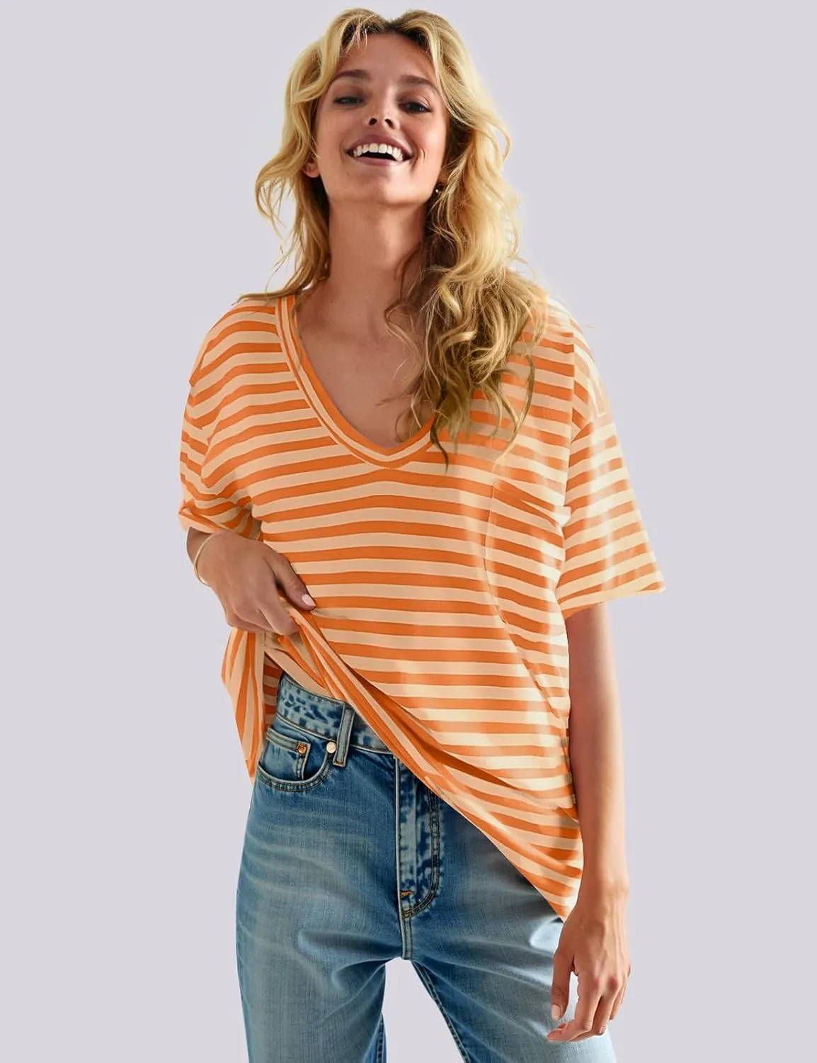 UEU Women Oversized Striped T Shirts Summer V Neck Short Sleeve Cotton Casual Loose Tops Tee Tshirts Trendy Fashion Clothes