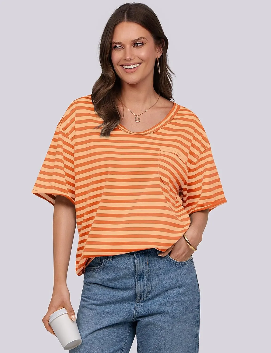 UEU Women Oversized Striped T Shirts Summer V Neck Short Sleeve Cotton Casual Loose Tops Tee Tshirts Trendy Fashion Clothes