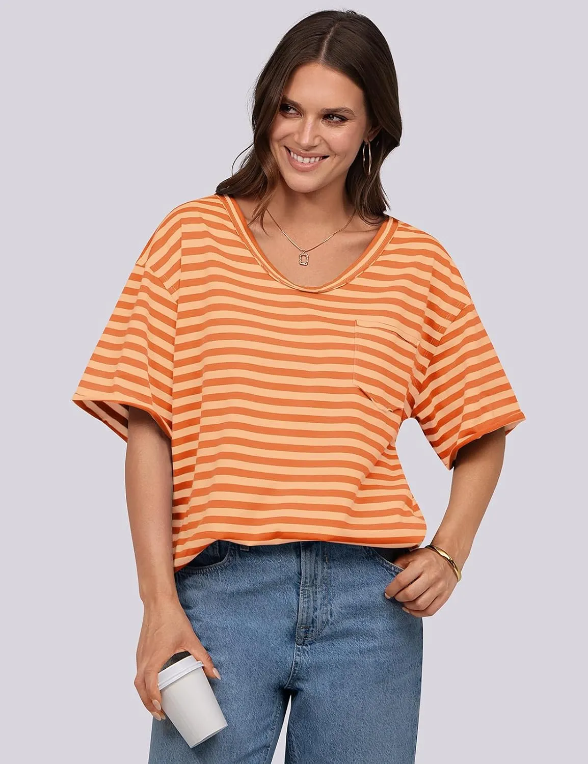 UEU Women Oversized Striped T Shirts Summer V Neck Short Sleeve Cotton Casual Loose Tops Tee Tshirts Trendy Fashion Clothes